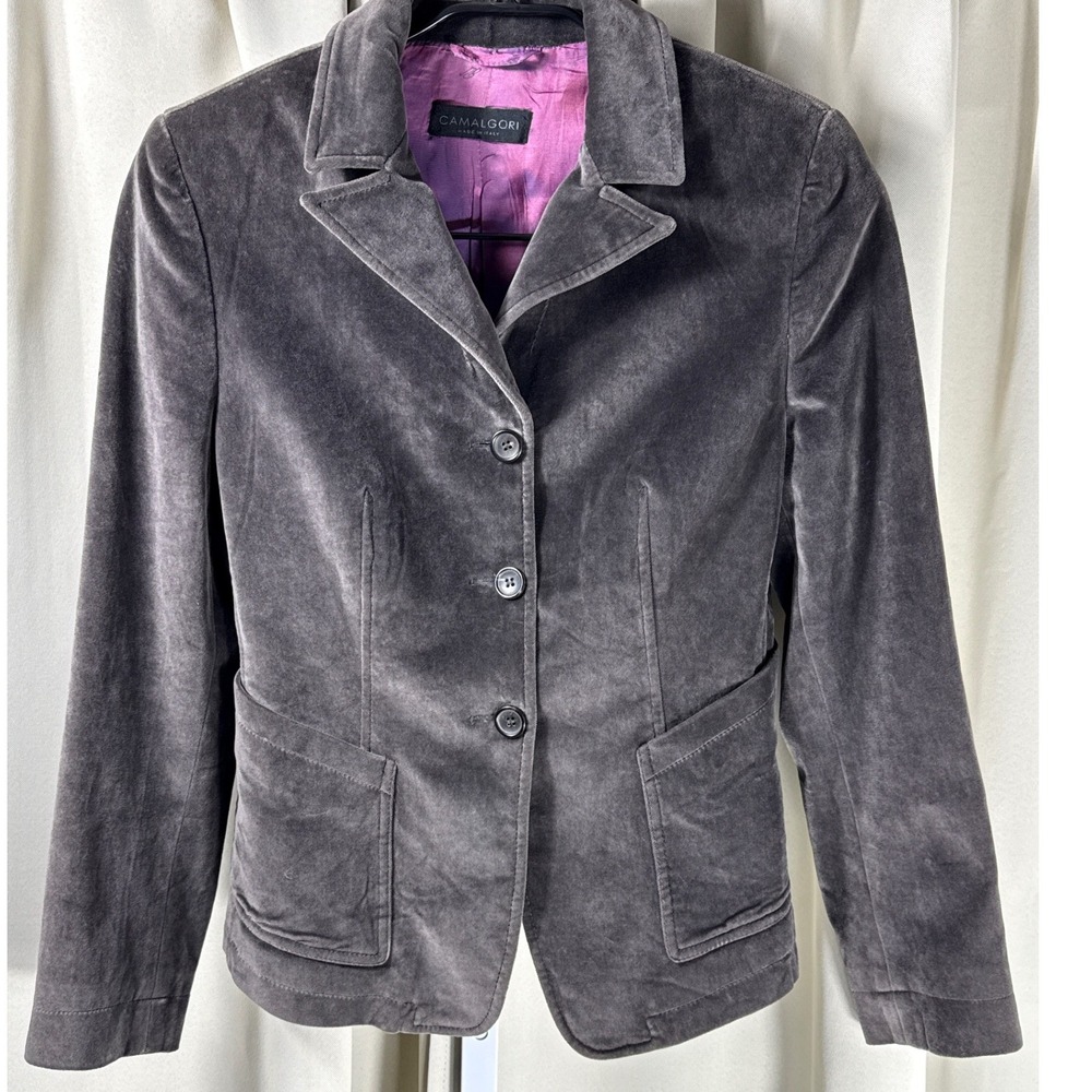 Camalgori Italy Womens Charcoal Grey Velvet Blazer Jacket Purple Lining Size L